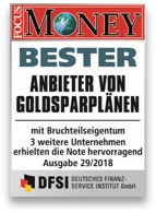 Auszeichnung der SOLIT Kapital - Bester Anbieter von Goldsparplänen (Focus Money, Juli 2018)