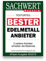 Auszeichnung der SOLIT Kapital - Bester Edelmetall-Anbieter (Sachwert Magazin, 2016)